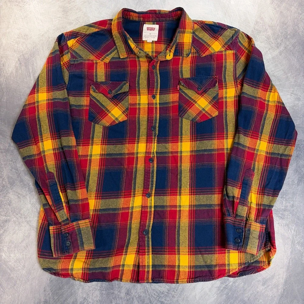Levi's Flannel Shirt Mens XXL Red Yellow Blue Plaid Western Cotton Button Down